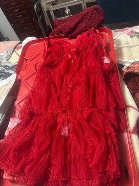 Red Pleated Tiered Slip Dress